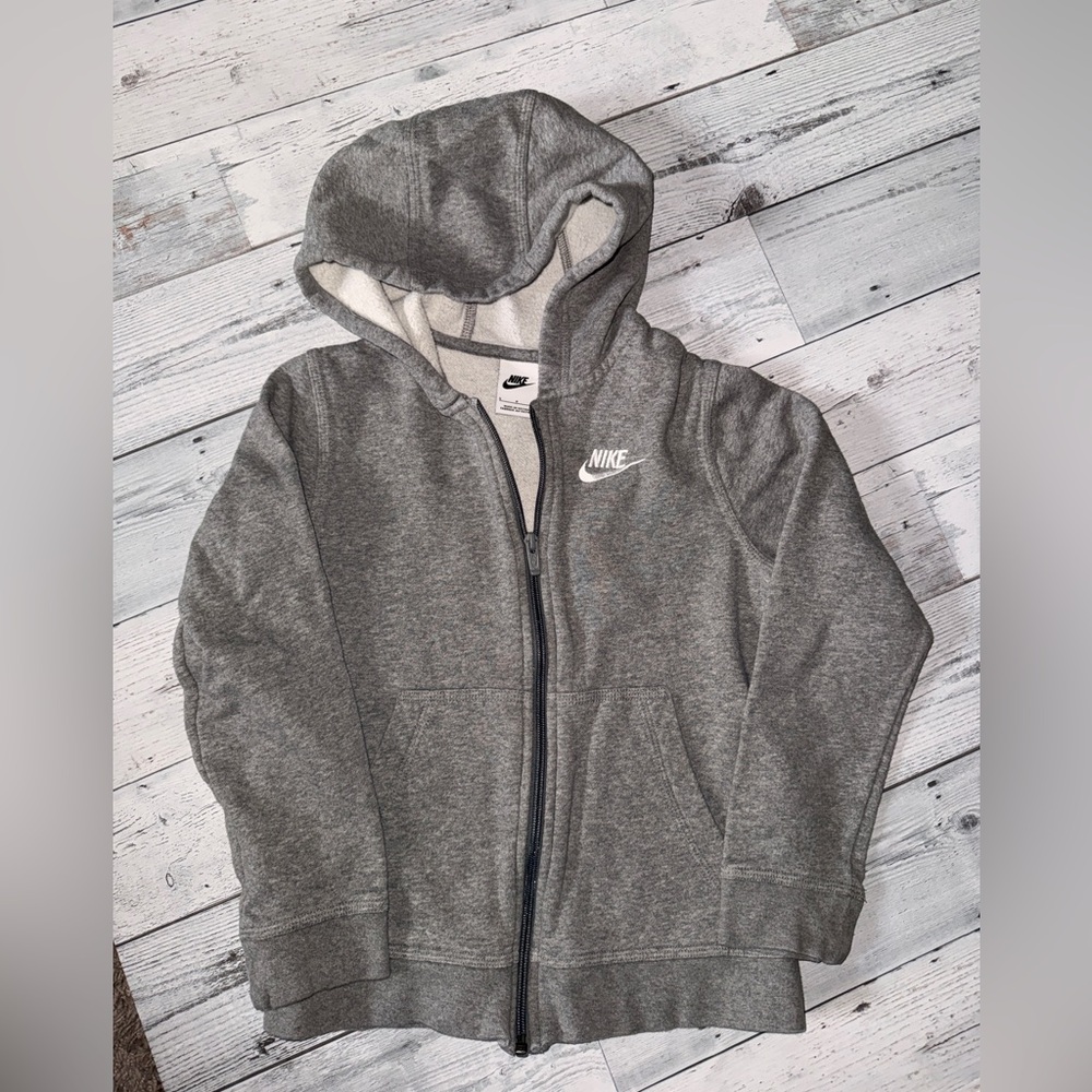 Nike Kids Gray Full-Zip Hooded Sweatshirt with White Logo